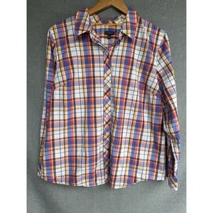 Talbots Womens XL Blue White Re Plaid Button Down Long Sleeve Shirt Cotton